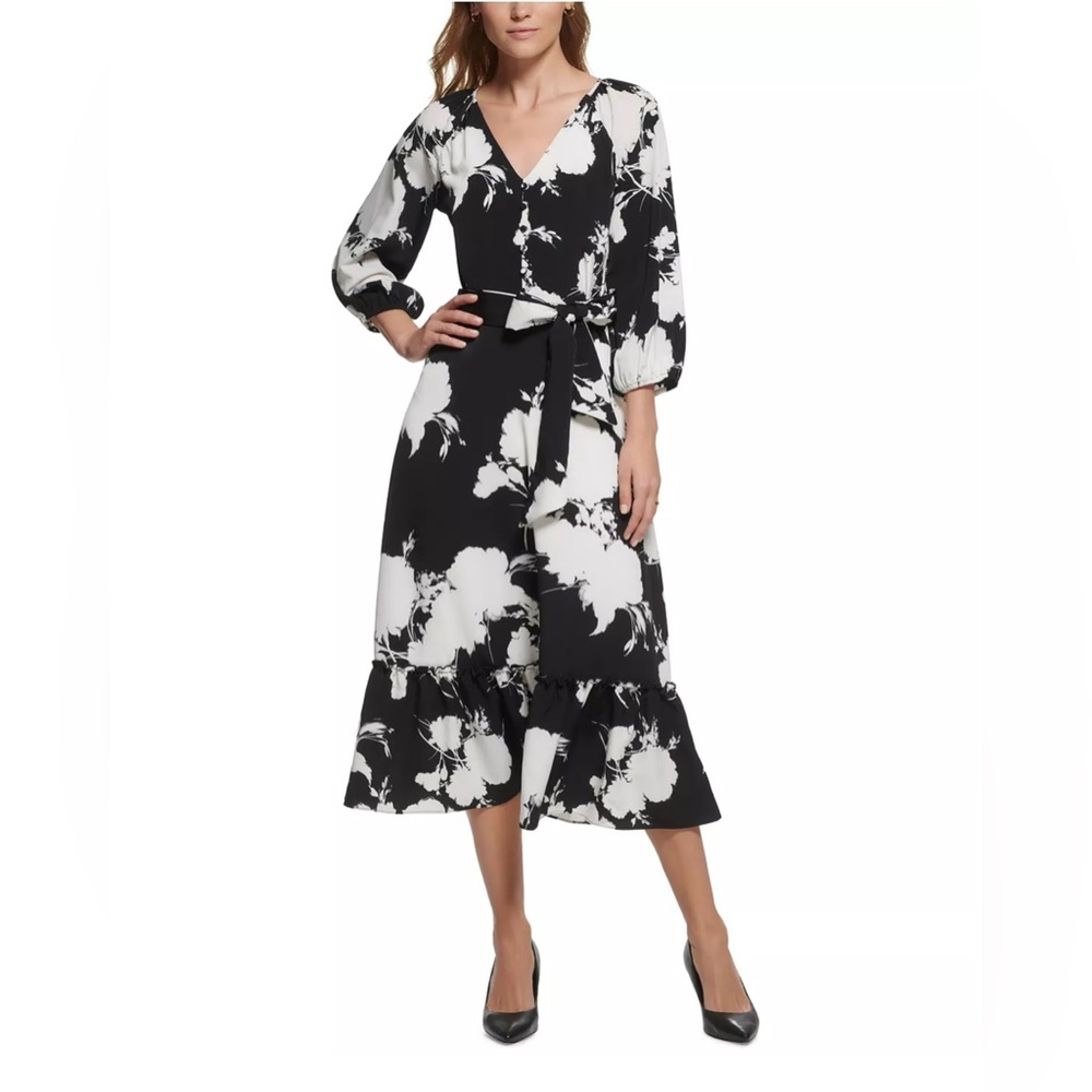 NWT Karl Lagerfeld Floral Printed Silky Crepe Midi Dress